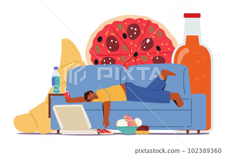 Obese Male Character Fall Asleep After Eating Much Fast Food. His Stomach Bloated And Body Lethargic 102389360
