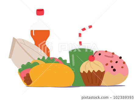 Donut, Fries, Taco, Soda Fast Food And Drink Are Quick And Convenient Options For On-the-go Meals. Fastfood Meals Donut, Fries, Taco, Soda Fast Food And Drink Are Quick And Convenient Options For On-the-go Meals. Fastfood Meals 102389393