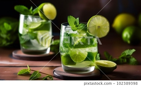 summer background with glasses of mojito and lime 102389398