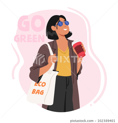 Woman Holding Reusable Bag Made From Sustainable Materials. Female Character Promoting Environmentally-friendly Habits Woman Holding Reusable Bag Made From Sustainable Materials. Female Character Promoting Environmentally-friendly Habits 102389401