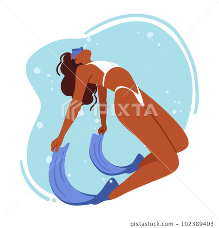 Woman Wearing Bikini Diving. Swimmer Female Character Propels Through Water With Powerful Strokes, Arches Back Woman Wearing Bikini Diving. Swimmer Female Character Propels Through Water With Powerful Strokes, Arches Back 102389403