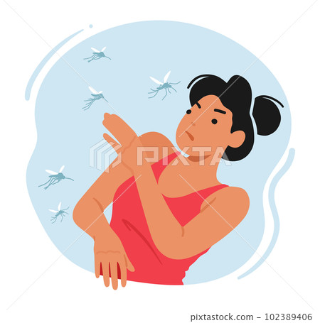 Mosquito Bite Woman Experiences Itching, Swelling, And Redness On Her Skin. Female Character Clapping the Insects Mosquito Bite Woman Experiences Itching, Swelling, And Redness On Her Skin. Female Character Clapping the Insects 102389406