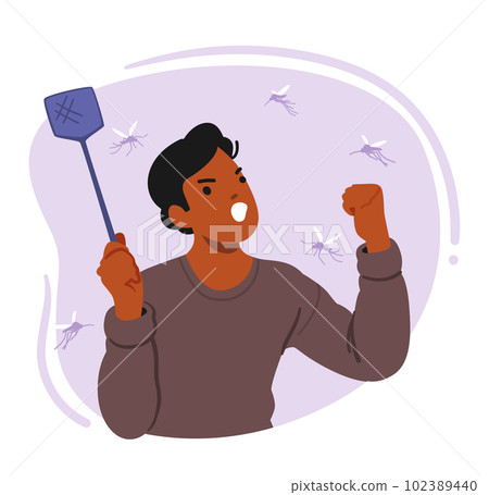 Man With Fly Swatter Aggressively Hit Mosquito In Mid-air, Causing It To Fall To The Ground Lifeless Vector Illustration 102389440