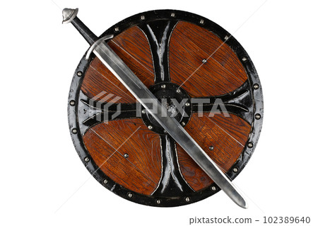 Vintage viking round shield with sword 102389640