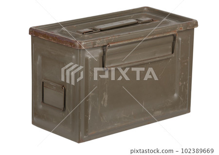 US army green metal .50 cal ammo box on white. 102389669