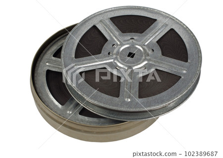 Vintage 16mm film reels and cine-film on white background isolated on white Vintage 16mm film reels and cine-film on white background isolated on white 102389687