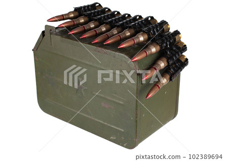 Ammo box with ammunition belt and 12.7mm cartridges for heavy machine gun DSHK used by the former Soviet Union isolated on white. Ammo box with ammunition belt and 12.7mm cartridges for heavy machine gun DSHK used by the former Soviet Union isolated on white. 102389694
