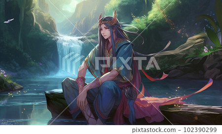Anime character on the background of forest river Anime character on the background of forest river 102390299