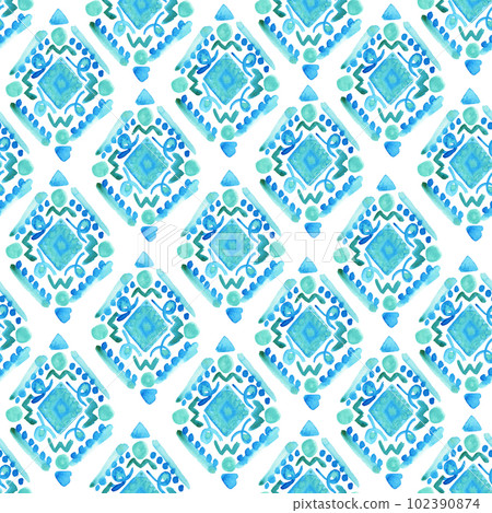 Cute watercolor pattern with blue abstract rhombus shapes. Bright watercolour turquoise ikat ornament for kids textile, wrapping paper, wallpaper, surface design, background 102390874