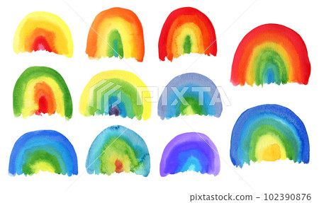 Set of bright textured watercolor rainbow colors archs. Abstract watercolour rainbows shapes for pride month decoration, lgbt poster, banner, greeting cards design 102390876