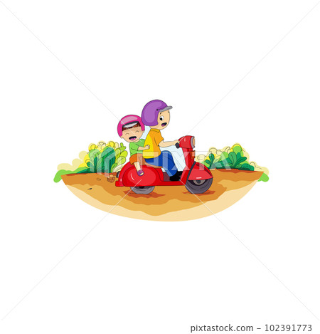 Father and son riding scooter cartoon isolated Father and son riding scooter cartoon isolated 102391773