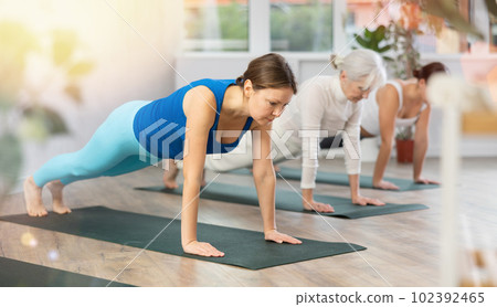 Diligent women practicing plank pose of yoga in light fitness room 102392465