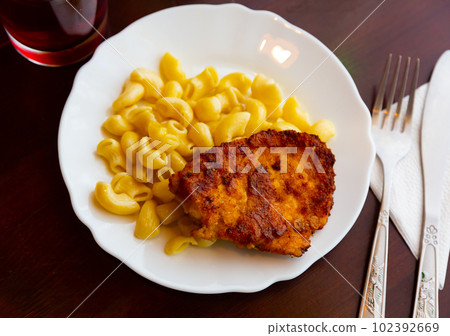 Dish of Russian cuisine is a meat cutlet with macaroni Dish of Russian cuisine is a meat cutlet with macaroni 102392669