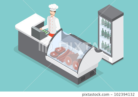 3D Isometric Flat Vector Conceptual Illustration of Butcher Shop 102394132