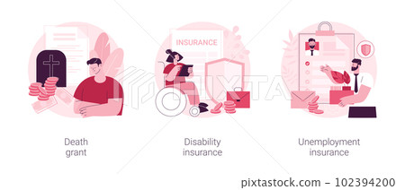 Social financial support abstract concept vector illustration set. Death grant, disability insurance, unemployment insurance, lost job, paper work, workers compensation, payment abstract metaphor. Social financial support abstract concept vector illustration set. Death grant, disability insurance, unemployment insurance, lost job, paper work, workers compensation, payment abstract metaphor. 102394200