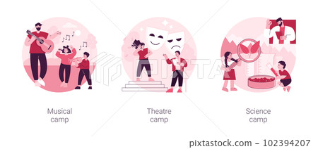 Summer vacation camps abstract concept vector illustration set. Musical, theatre and science camp, playing instrument, drama school, laboratory experiment, young talent, lessons abstract metaphor. Summer vacation camps abstract concept vector illustration set. Musical, theatre and science camp, playing instrument, drama school, laboratory experiment, young talent, lessons abstract metaphor. 102394207