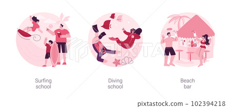 Summer vacation activity abstract concept vector illustration set. Surfing school, diving school, beach bar, surfboard and wetsuit rental, water sport, tropical cocktail recipe abstract metaphor. 102394218