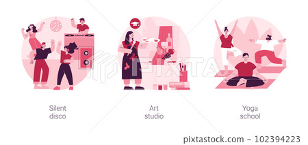 Entertainment and recreation abstract concept vector illustration set. Silent disco, art studio, yoga school, DJ set, headphones party, painting lesson, meditation practice abstract metaphor. Entertainment and recreation abstract concept vector illustration set. Silent disco, art studio, yoga school, DJ set, headphones party, painting lesson, meditation practice abstract metaphor. 102394223