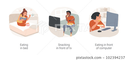 Eating habits of teens isolated cartoon vector illustration set. Eating in bed, snacking and watching tv, having meal in front of computer, teenage eating habits, junk food vector cartoon. 102394237
