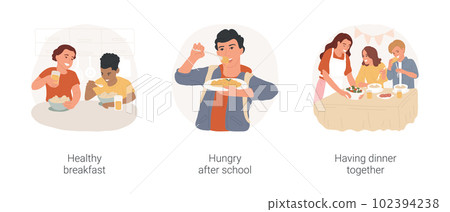 Teenager eating at home isolated cartoon vector illustration set. Healthy breakfast, eating cereals and drinking orange juice, teenager hungry after school, having dinner together vector cartoon. 102394238