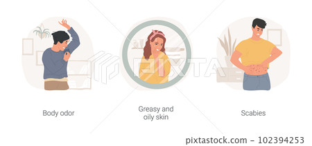 Lack of personal hygiene isolated cartoon vector illustration set. Body odor, teen wrinkles nose from a bad smell, greasy and oily skin, girl watch in the mirror, scabies problem vector cartoon. 102394253