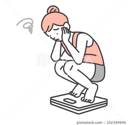 一位擔心體重秤/節食/體重增加的女性的矢量插圖素材 102394940