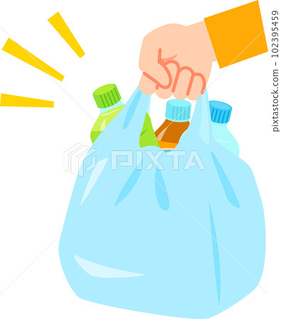 A hand holding a bag containing a plastic bottle drink 102395459