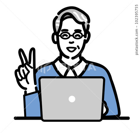 Senior man with glasses sitting in front of laptop and smiling and doing peace sign Senior man with glasses sitting in front of laptop and smiling and doing peace sign 102395755