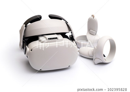 VR, Virtual Reality Headset on iSolated White Background. Innovative Technology Gaming Equipment 102395828