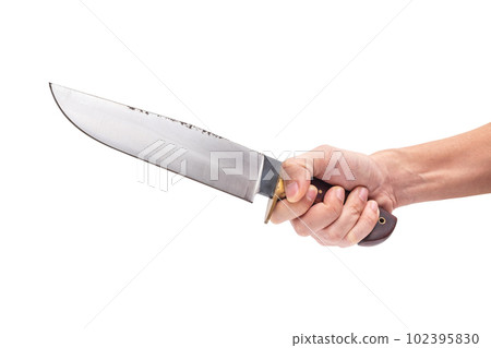 Adult Man Holding Big Sharp Knives in His Hands on iSolated White Background 102395830