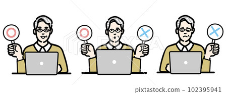 A set of senior men wearing glasses holding a bill of Marubatsu in front of a laptop A set of senior men wearing glasses holding a bill of Marubatsu in front of a laptop 102395941
