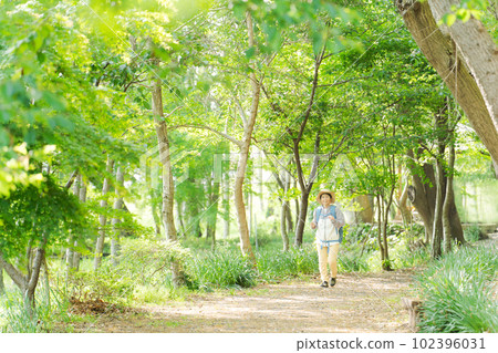 Photo of a senior woman hiking in fresh green 102396031