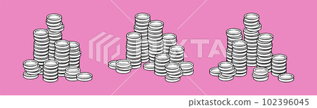Coin pile with coin tower. Bank gold or silver currency. Vector illustration Coin pile with coin tower. Bank gold or silver currency. Vector illustration 102396045