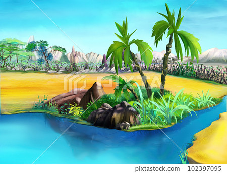 Palm trees near a small river in the African savannah 102397095