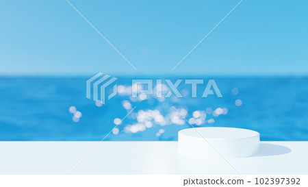 White cylinder pedestal on blue sea background. (Landscape) 102397392