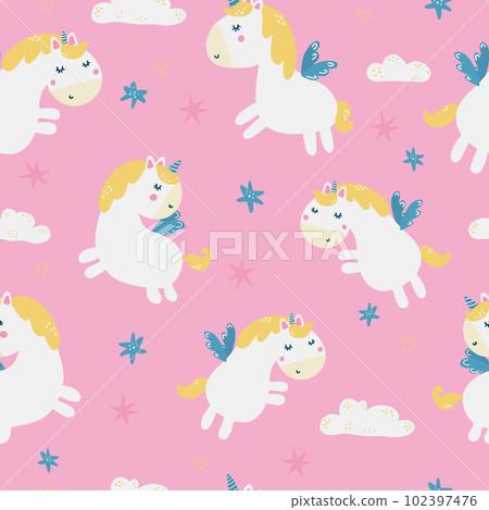 Unicorn seamless pattern. Vector cartoon cute characters in simple childish hand-drawn scandinavian style. 102397476