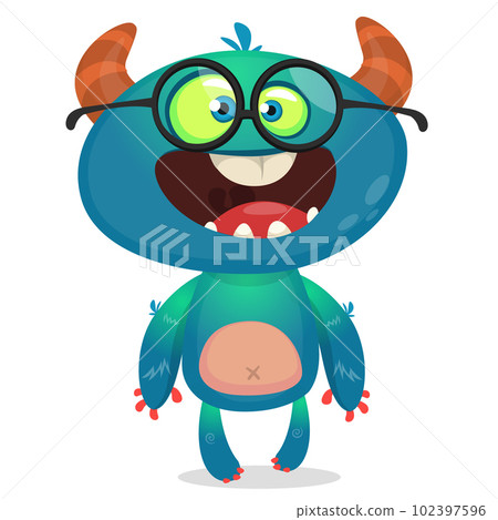 Funny cartoon smiling monster creature. Halloween Illustration of happy alien character. Vector isolated 102397596