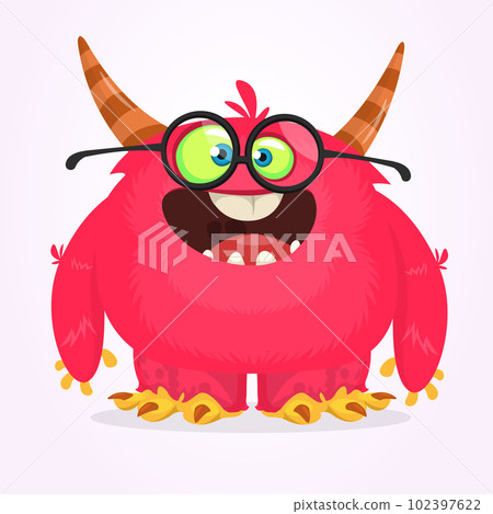 Funny cartoon smiling monster character. Halloween Illustration of happy alien creature. Vector isolated 102397622
