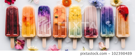 Healthy Frozen popsicles and colorful flowers on white background. Concept web banner. Generative Ai Healthy Frozen popsicles and colorful flowers on white background. Concept web banner. Generative Ai 102398489
