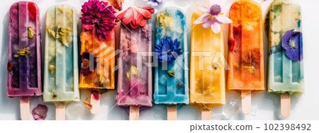 Healthy Frozen popsicles and colorful flowers on white background. Concept web banner. Generative Ai 102398492