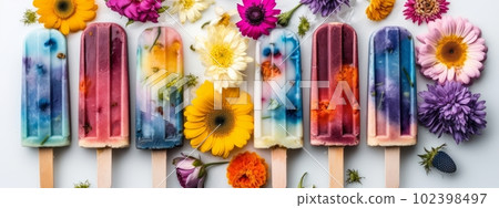 Healthy Frozen popsicles and colorful flowers on white background. Concept web banner. Generative Ai Healthy Frozen popsicles and colorful flowers on white background. Concept web banner. Generative Ai 102398497