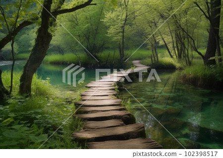 Majestic view of lakes walking on wooden walkway across Plitvice national park Lakes Croatia. Generative AI 102398517