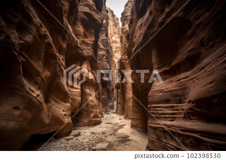 A breathtaking shot of the Siq, a narrow canyon leading to Petra's main entrance. Experience the wonder and mystery of Petra's majestic Siq. Generative AI 102398530