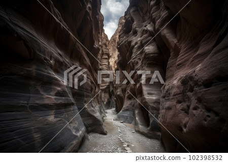 A breathtaking shot of the Siq, a narrow canyon leading to Petra's main entrance. Experience the wonder and mystery of Petra's majestic Siq. Generative AI 102398532