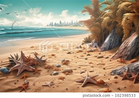 A beach with coconut palms, coconut leaves, starfish, shells, and sand. Generative AI 102398533