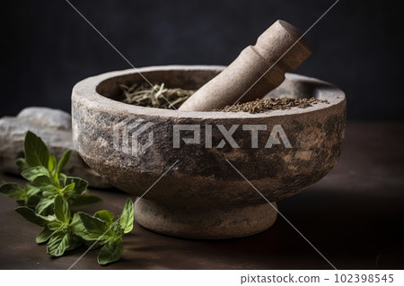 An ornate stone mortar and pestle, grinding fresh herbs and roots into a healing salve or powder. Render the timeless, meticulous process of traditional Ayurvedic compounding. Generative AI 102398545