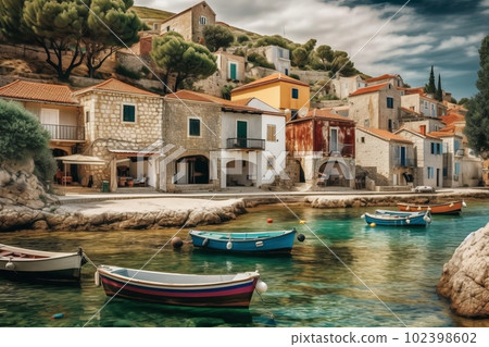 A charming shot of a small fishing village on the Croatian coast, with colorful buildings and boats in the harbor. The quaint coastal villages of Croatia." Generative AI. A charming shot of a small fishing village on the Croatian coast, with colorful buildings and boats in the harbor. The quaint coastal villages of Croatia." Generative AI. 102398602