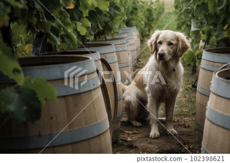 Chardonnay grapes ripening on the vines at a small family-run winery. Photograph the vineyards, oak barrels and bottling equipment with the owner and their dog. Generative AI Chardonnay grapes ripening on the vines at a small family-run winery. Photograph the vineyards, oak barrels and bottling equipment with the owner and their dog. Generative AI 102398621