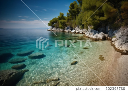A serene shot of a secluded beach, with white sand and crystal clear waters. Bliss on Croatia's pristine beaches. Generative AI 102398788