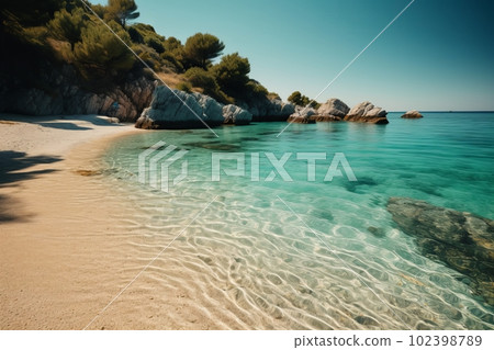 A serene shot of a secluded beach, with white sand and crystal clear waters. Bliss on Croatia's pristine beaches. Generative AI 102398789